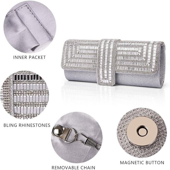 🆕Women Sliver Evening Bag and Clutch Crystal Sparkly Purse with formal Handbag - Picture 5 of 6